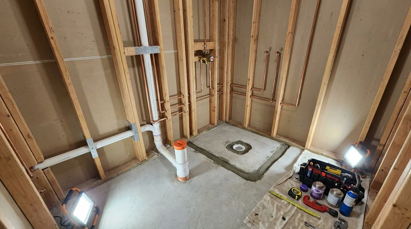 Bathroom rough-in plumbing during remodel by Johns Plumbing LLC in Pawtucket