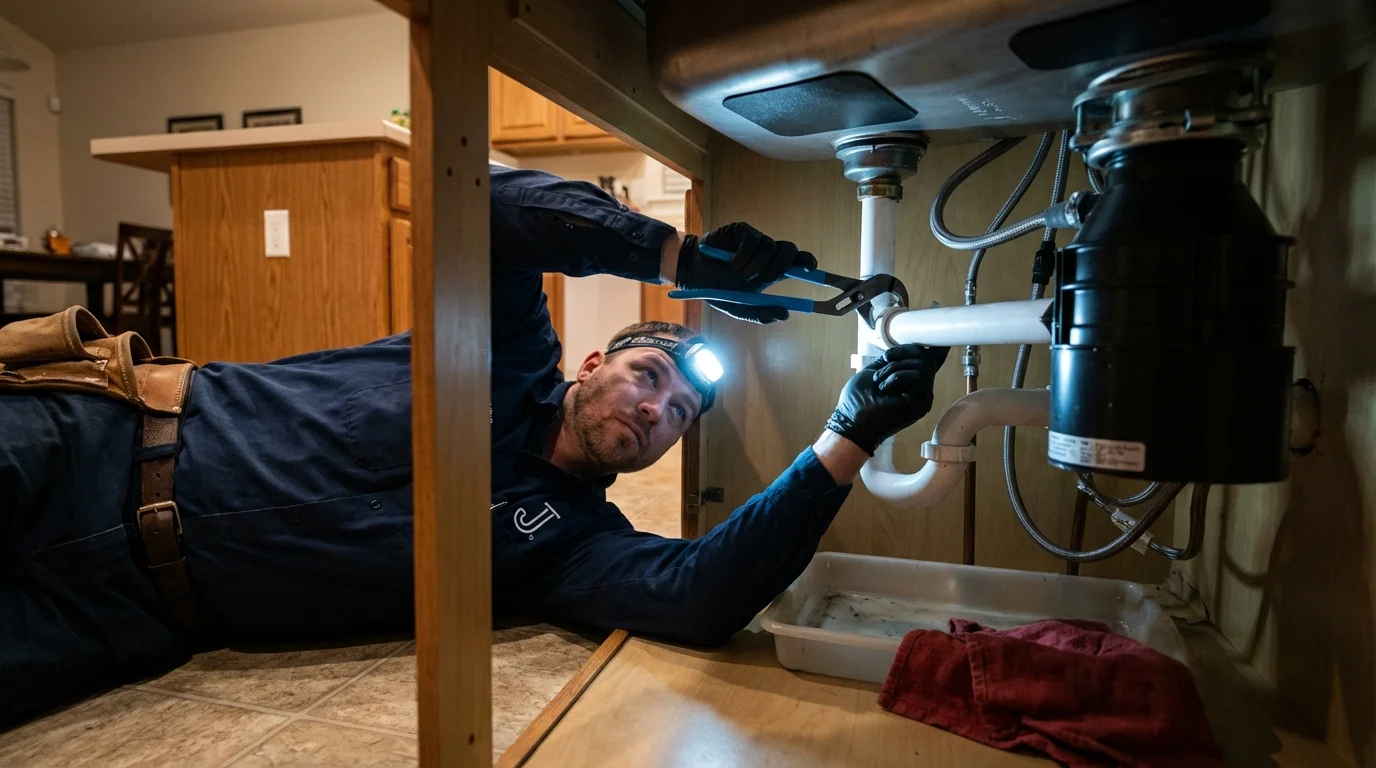 P-trap and supply line connections under a kitchen sink showing a common leak point in Pawtucket, RI